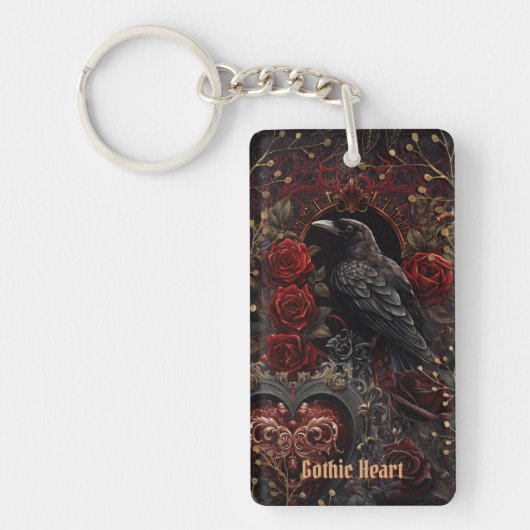 Dark Gothic Beauty Red Roses Black Crow Raven Bird キーホルダー (正面)