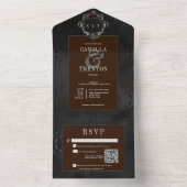Dark Gothic Black & Brown Floral Satin QR Code オールインワン招待状 (内側)