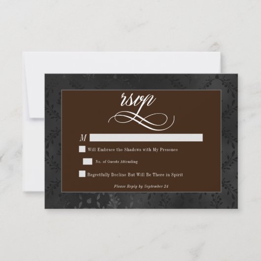 Dark Gothic Black Floral Satin Damask Brown 出欠カード (正面)