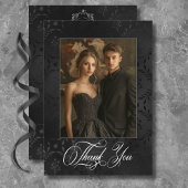 Dark Gothic Black Floral Satin Damask Wedding サンキューカード