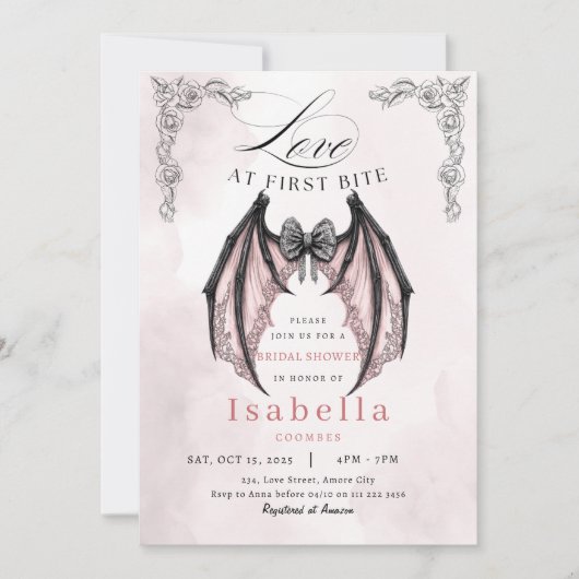 Dark Gothic Bridal Shower Coquette Batty Halloween 招待状 (正面)