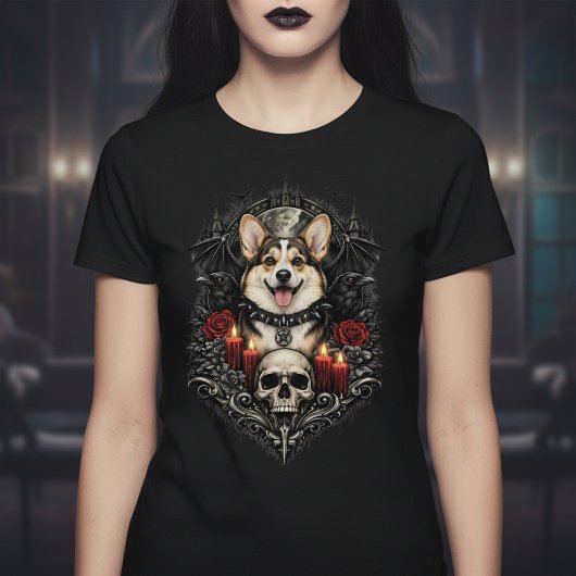 Dark Gothic Corgi With Skull and Candles Tシャツ