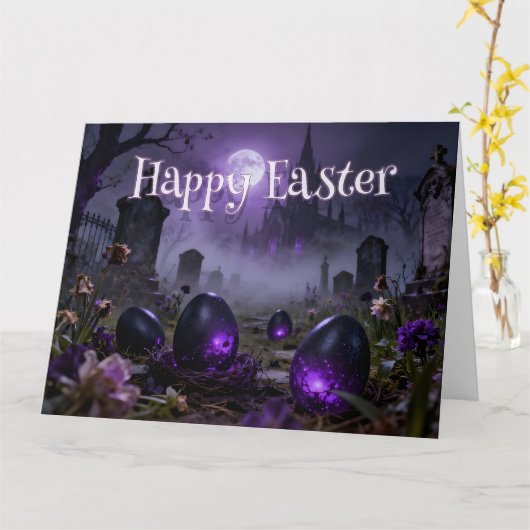 Dark Gothic Easter Scene with Glowing Eggs カード (黄色い花)