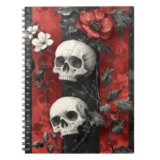 Dark Gothic Floral Skulls Red & Black Stripe ノートブック