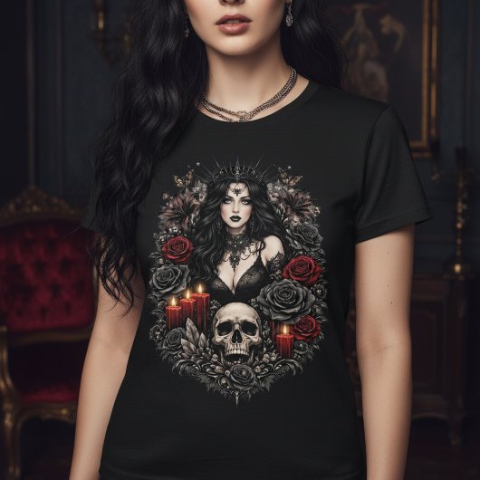 Dark Gothic Queen With Skull and Candles Tシャツ
