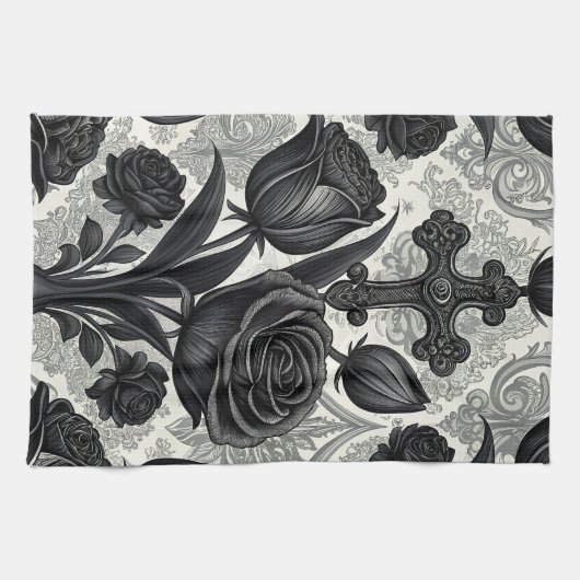 Dark Gothic Rose Pattern (2) キッチンタオル (横)