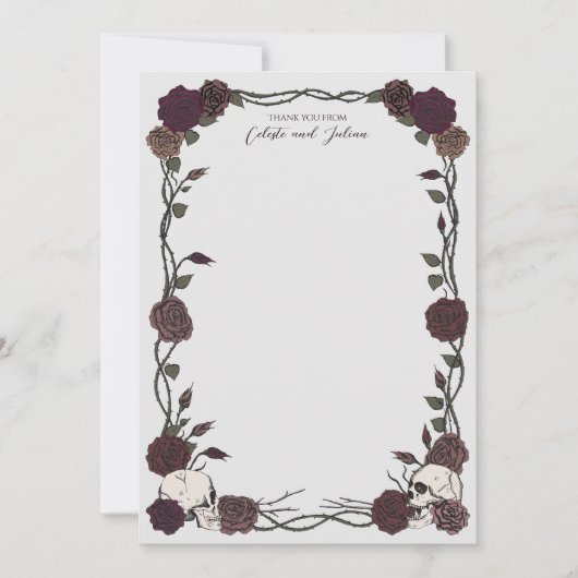 Dark Gothic Skull & Rose Wedding Thank You ノートカード (正面)