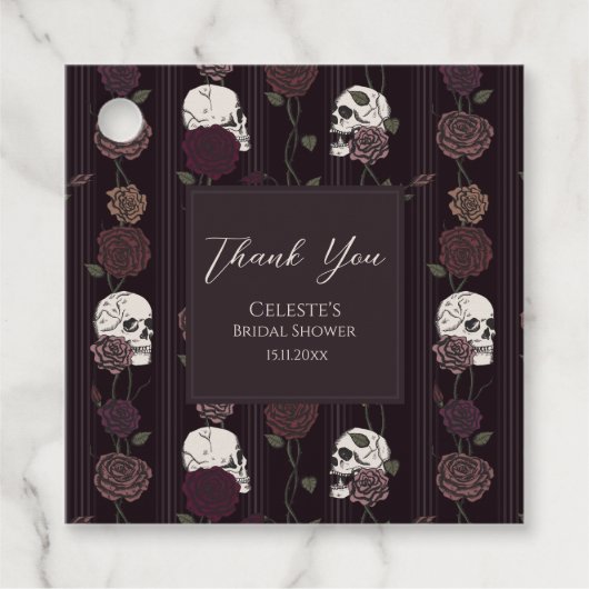Dark Gothic Skull & Rose Wedding Thank You フェイバータグ (正面)