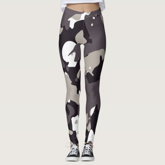 Dark Gray Black And White Camouflage PatteLeggings レギンス (正面)