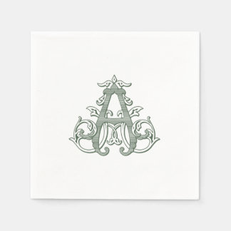 Dark Green "A" Monogram Cocktail Napkins スタンダードカクテルナプキン