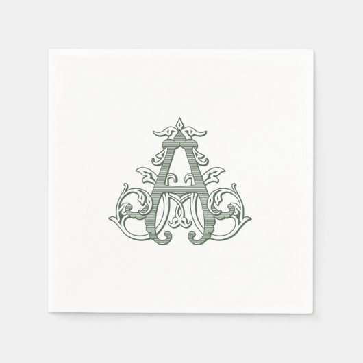 Dark Green "A" Monogram Cocktail Napkins スタンダードカクテルナプキン (正面)
