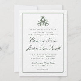 Dark Green "A" Monogram Wedding Invitation 招待状