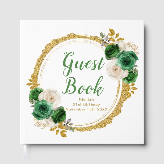 Dark Green and Gold Elegant Flowers Birthday Party ゲストブック (正面)