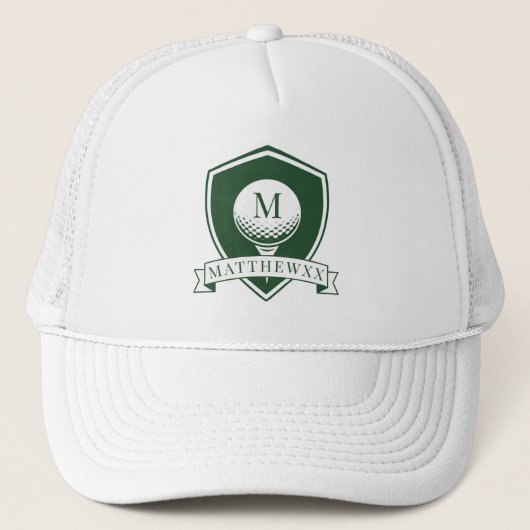 Dark Green and White Name Initial Monogram Golfer キャップ (正面)