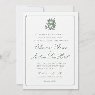 Dark Green "B" Monogram Wedding Invitation 招待状