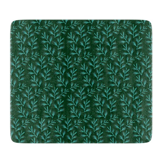  Dark Green Background with Teal Botanical Leaves カッティングボード (正面)