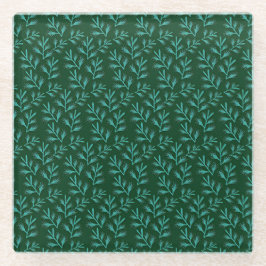  Dark Green Background with Teal Botanical Leaves ガラスコースター