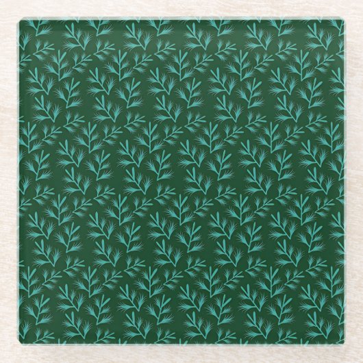  Dark Green Background with Teal Botanical Leaves ガラスコースター (正面)
