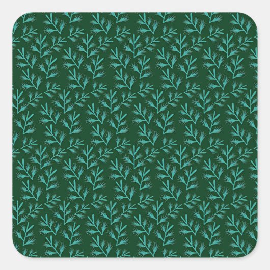  Dark Green Background with Teal Botanical Leaves スクエアシール (正面)