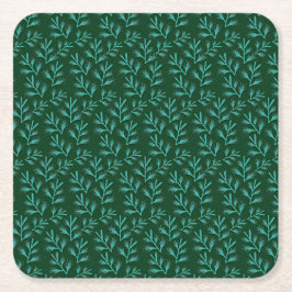  Dark Green Background with Teal Botanical Leaves スクエアペーパーコースター