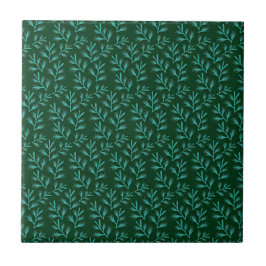  Dark Green Background with Teal Botanical Leaves タイル