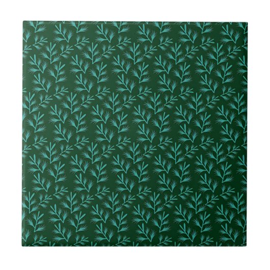  Dark Green Background with Teal Botanical Leaves タイル (正面)