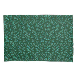  Dark Green Background with Teal Botanical Leaves 枕カバー