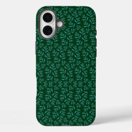  Dark Green Background with Teal Botanical Leaves iPhone 16 Plusケース
