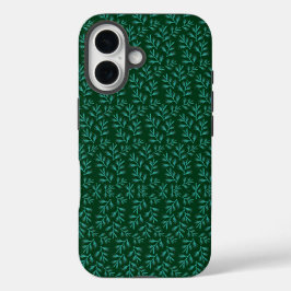  Dark Green Background with Teal Botanical Leaves iPhone 16ケース