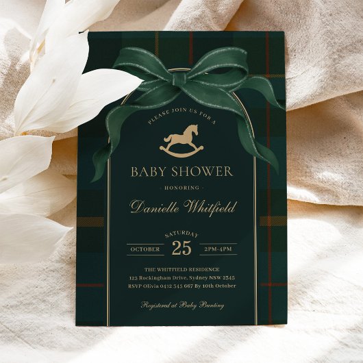 Dark Green Bow Equestrian Plaid Polo Baby Shower 招待状