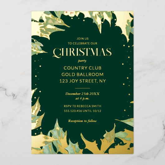 Dark Green Christmas Holiday Luxury Holly Berry 箔招待状 (正面)