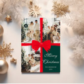 Dark Green Christmas Photo Card with Red Bow シーズンカード
