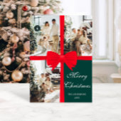 Dark Green Christmas Photo Card with Red Bow シーズンカード