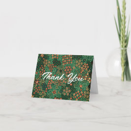 Dark Green Coral Red Floral Pattern Wedding Photo サンキューカード
