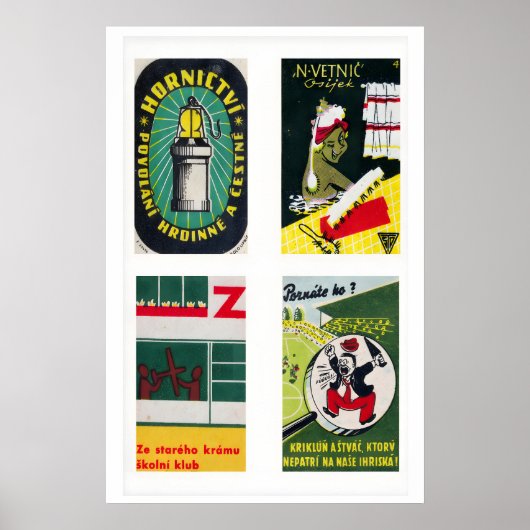 Dark Green Czechoslovak Matchbox Labels Grid ポスター (正面)