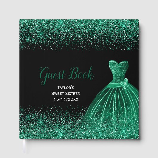 Dark Green Dress Faux Glitter Sweet 16 Birthday ゲストブック (正面)
