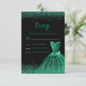 Dark Green Dress Faux Glitter Sweet 16 Birthday 出欠カード (スタンド正面)