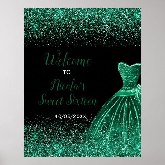 Dark Green Dress Faux Glitter Sweet 16 Welcome ポスター (正面)