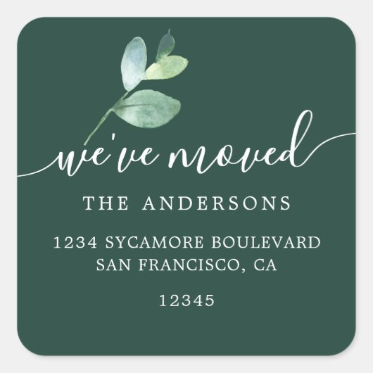 Dark Green Eucalyptus We’ve Moved New Address スクエアシール (正面)