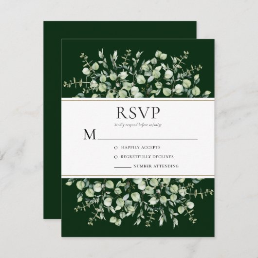 Dark Green Eucalyptus Wedding 出欠カード (正面/裏面)