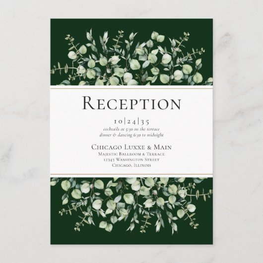 Dark Green Eucalyptus Wedding Reception エンクロージャーカード (正面)