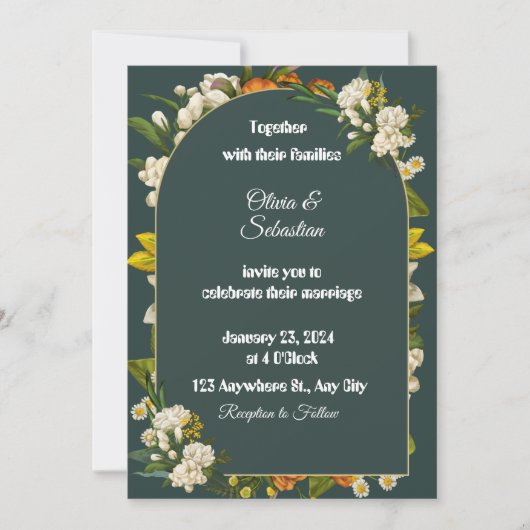 Dark Green Floral Arch Wedding Invitation 招待状 (正面)