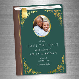 Dark Green Gold Book Wedding Save The Date Card マグネット招待状