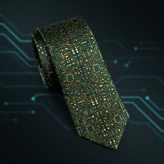 Dark Green Gold Tech Motherboard Pattern ネクタイ
