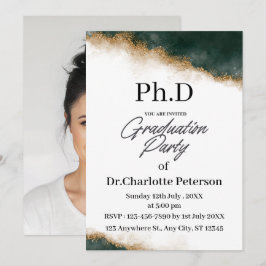 Dark Green & Gold Watercolor PhD Graduation Party  招待状