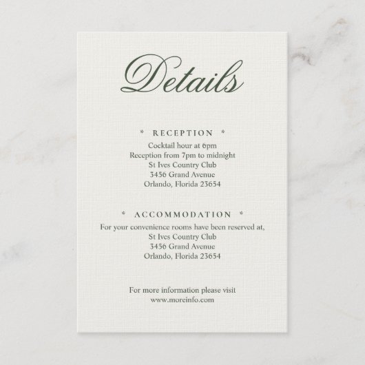 Dark Green Greenery Wedding Calligraphy Details エンクロージャーカード (正面)