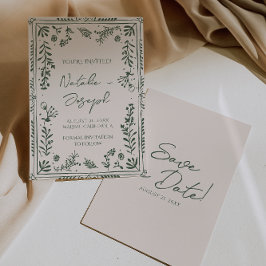 Dark Green Hand Drawn Floral Garden Boho Wedding セーブザデート