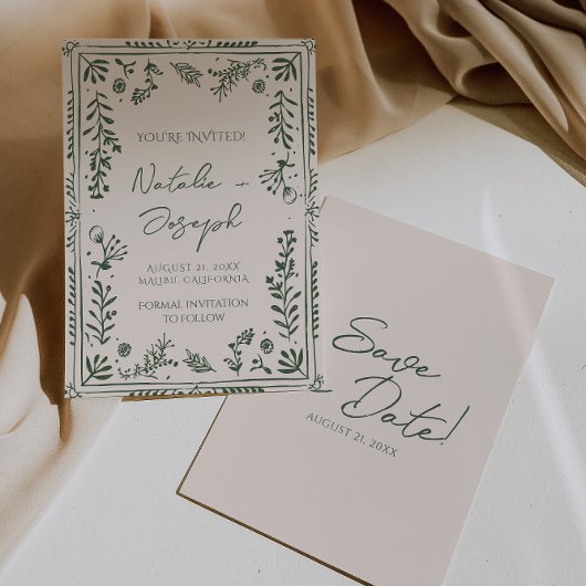Dark Green Hand Drawn Floral Garden Boho Wedding  セーブザデート