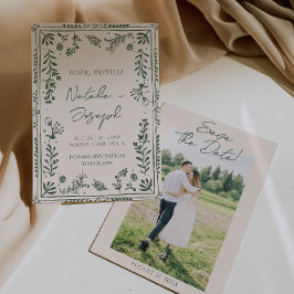 Dark Green Hand Drawn Floral Garden Photo Wedding セーブザデート