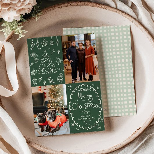 Dark Green Hand Drawn Merry Christmas 2 Photo シーズンカード